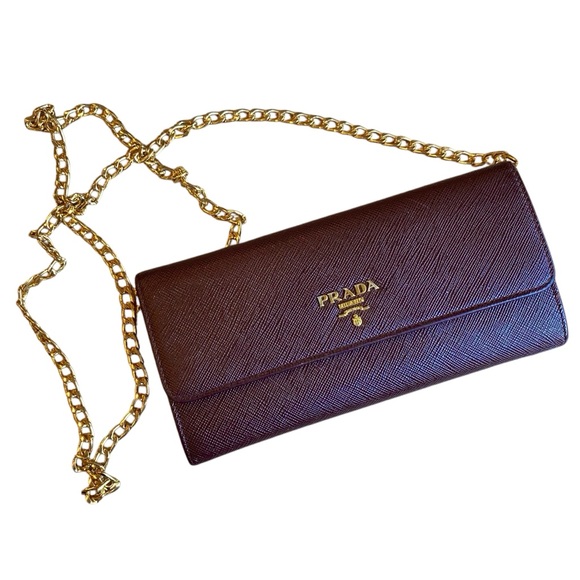 PRADA Maroon Saffiano Leather Flap Close Gold Tone Kisslock Continental Wallet - Picture 12 of 16